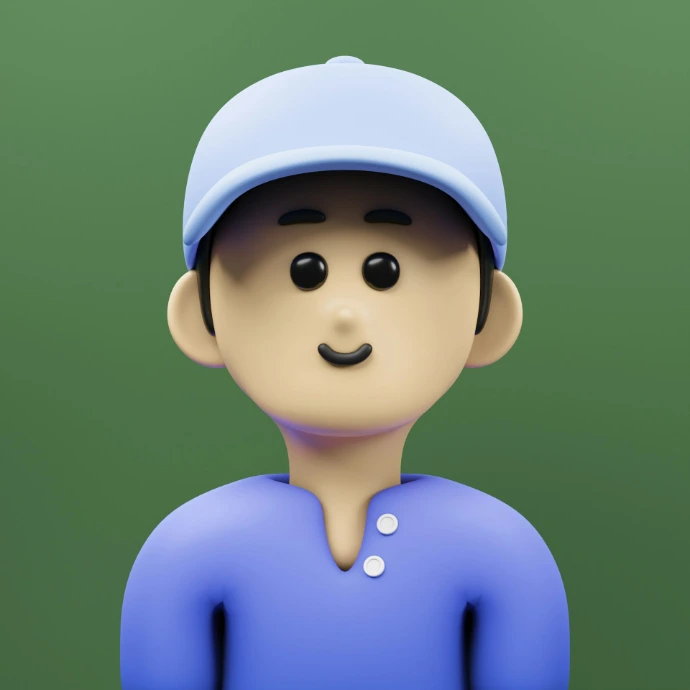 A cartoon character wearing a blue shirt and a blue hat